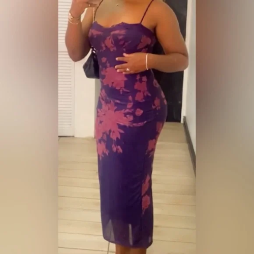 Floral Print Lace Trim Slit Maxi Dress