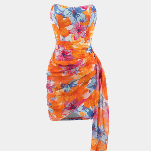 Floral Print Wrap Ruched Strapless Mini Dress